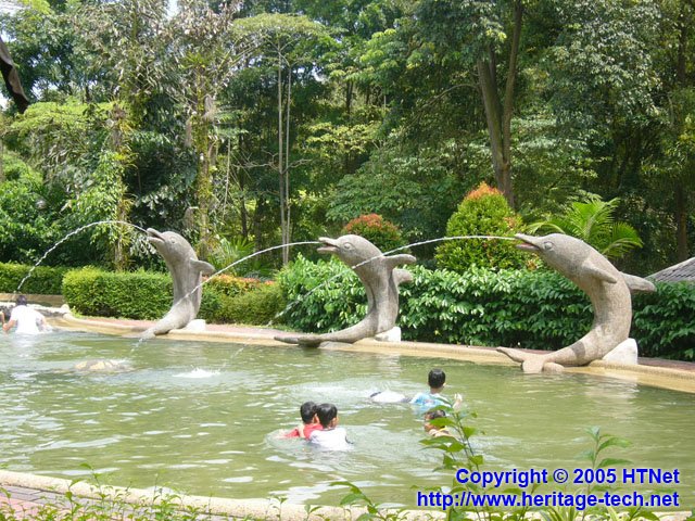 Stone dolphins spouting water at the children’s pool